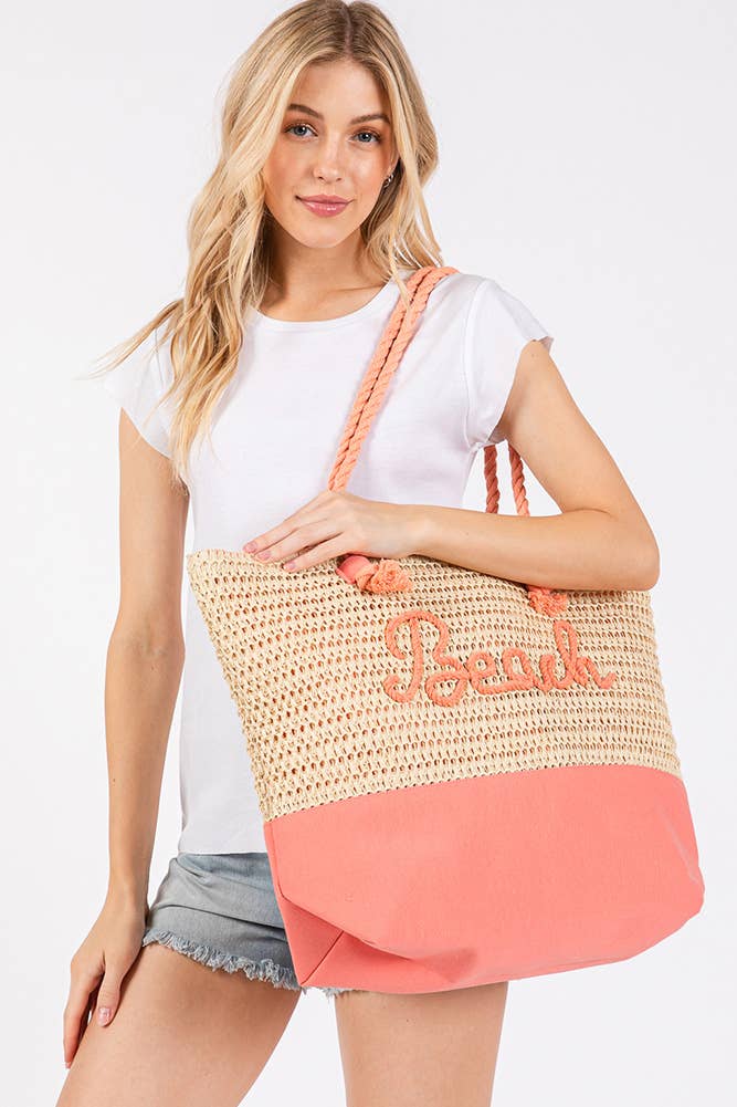BEACH Letter Color Sewn Rope and Crochet Strap Bag