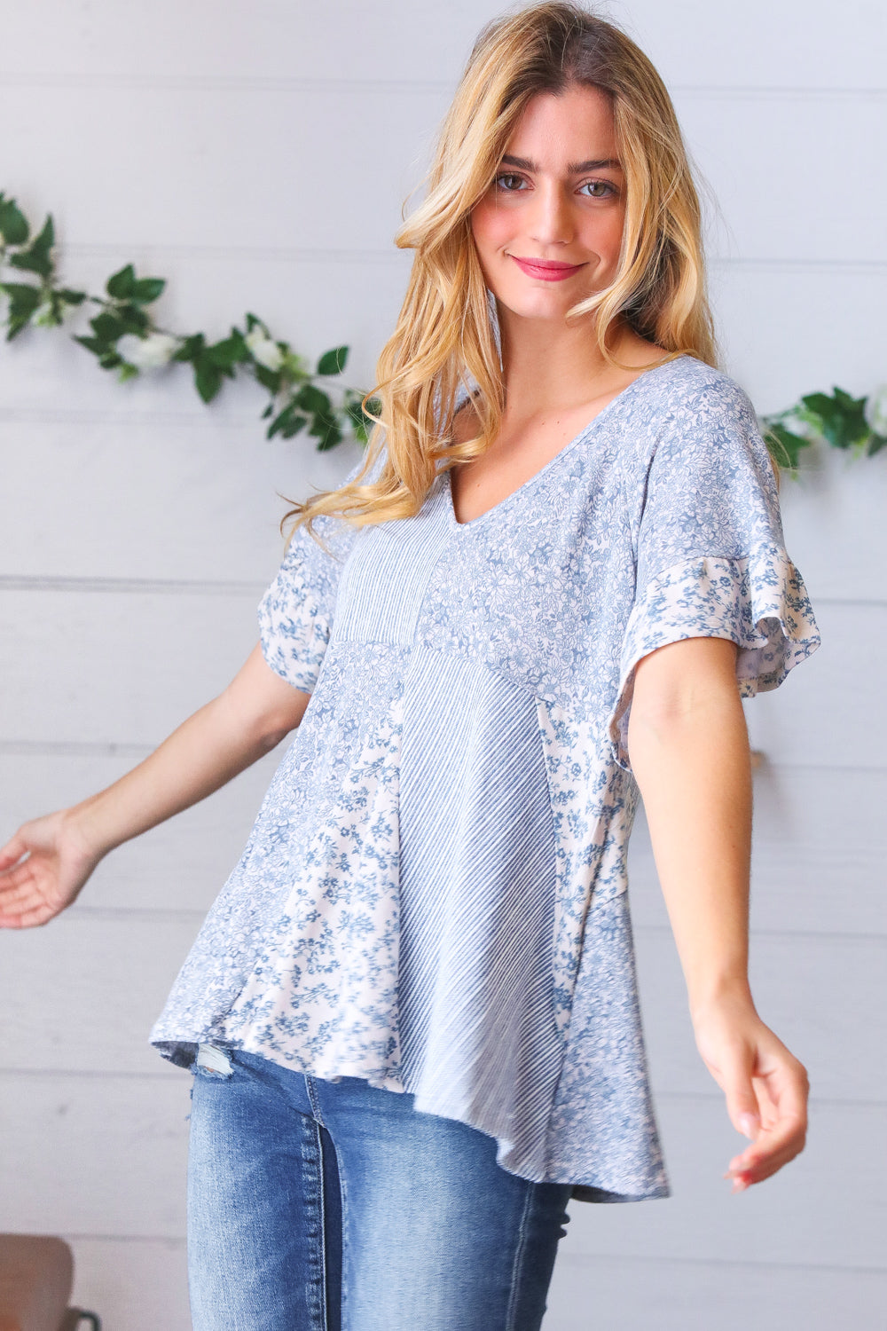 Light Blue French Terry Floral Ruffle Sleeve Top