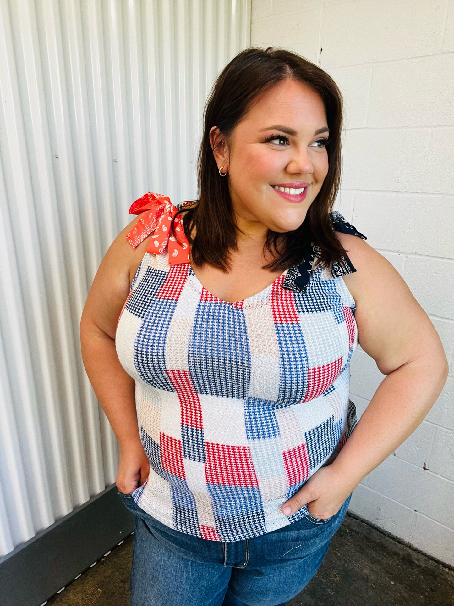 Red White & Blue Patchwork Bow Tie Shoulder Top