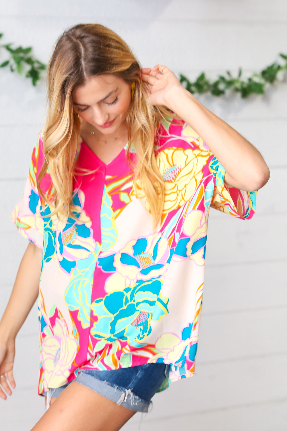 Fuchsia Floral Print Woven V Neck Top