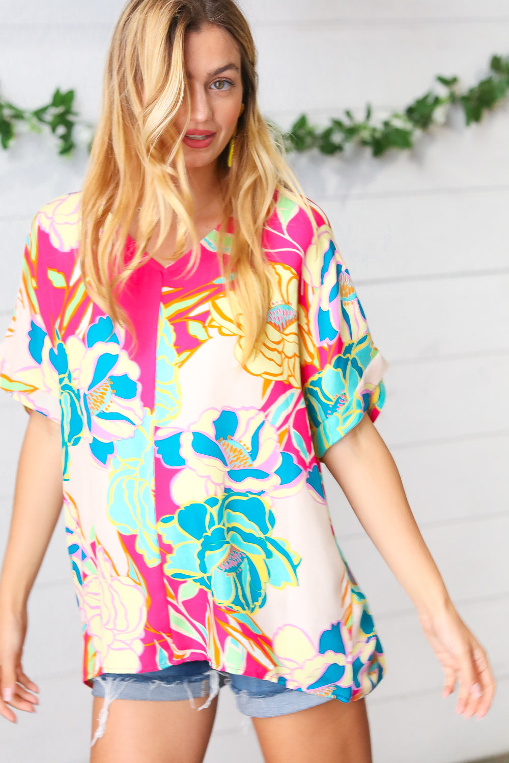 Fuchsia Floral Print Woven V Neck Top