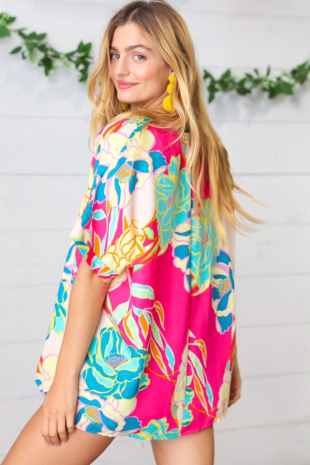 Fuchsia Floral Print Woven V Neck Top