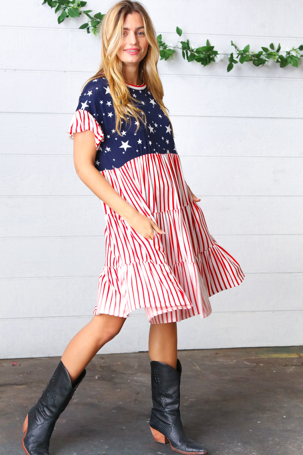 American Flag Yoke Tiered Color Block Swing Dress