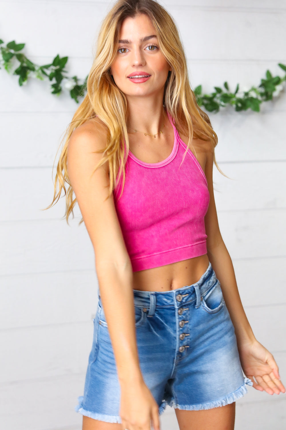 Magenta Washed Rib Seamless Cropped Cami Top