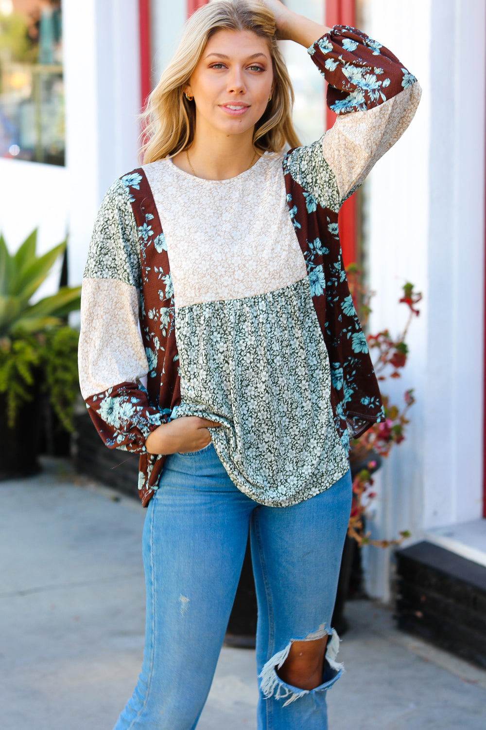 Cinnamon & Oatmeal Boho Crinkle Floral Color Block Top