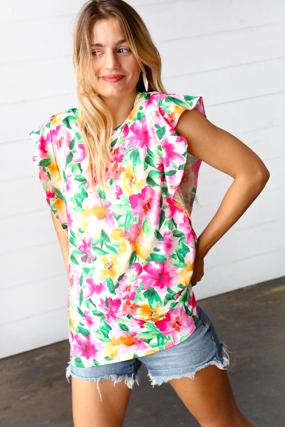Pink & Green Watercolor Floral Ruffle Sleeve Top