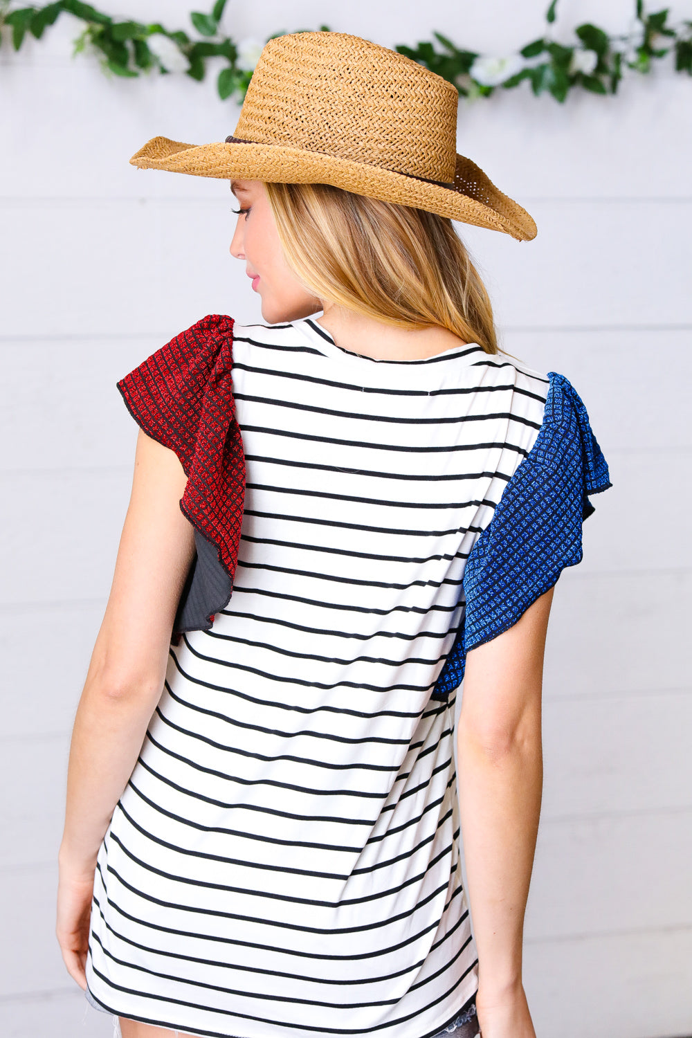 Red & Blue Flutter Sleeve Striped Top