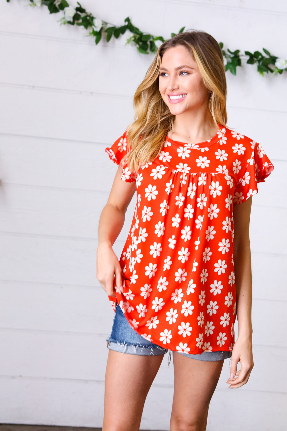 Red Floral Print Ruffle Short Sleeve Yoke Top