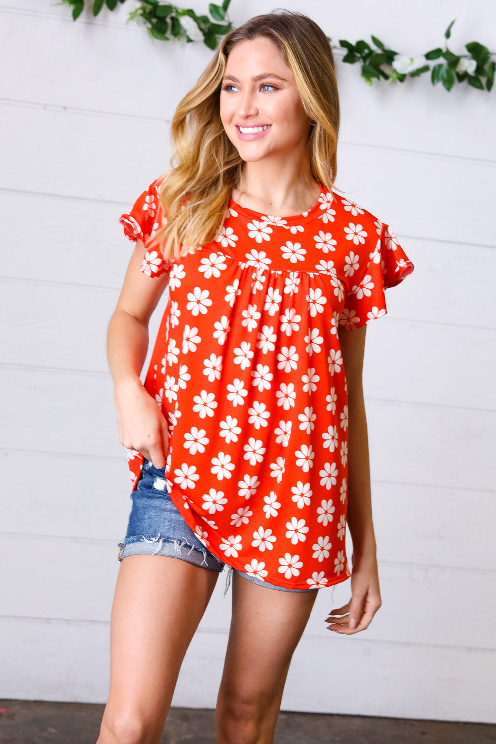 Red Floral Print Ruffle Short Sleeve Yoke Top