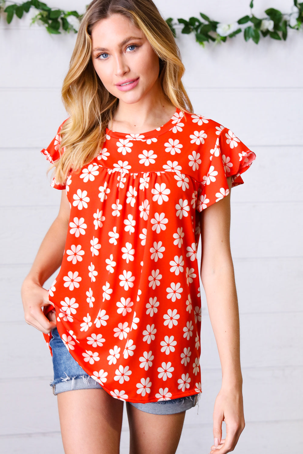 Red Floral Print Ruffle Short Sleeve Yoke Top