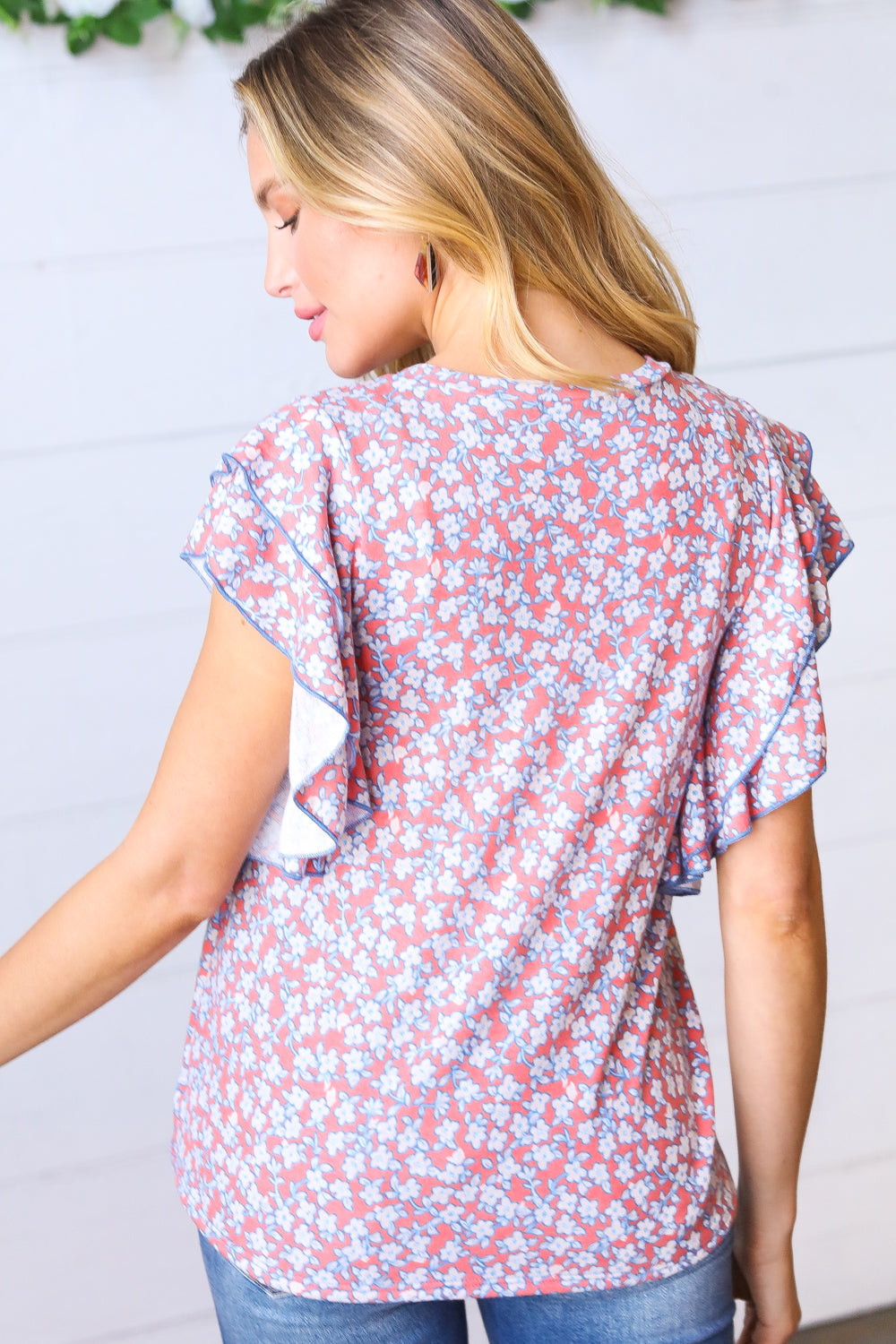 Coral & Denim Floral Tiered Flutter Sleeve Woven Top