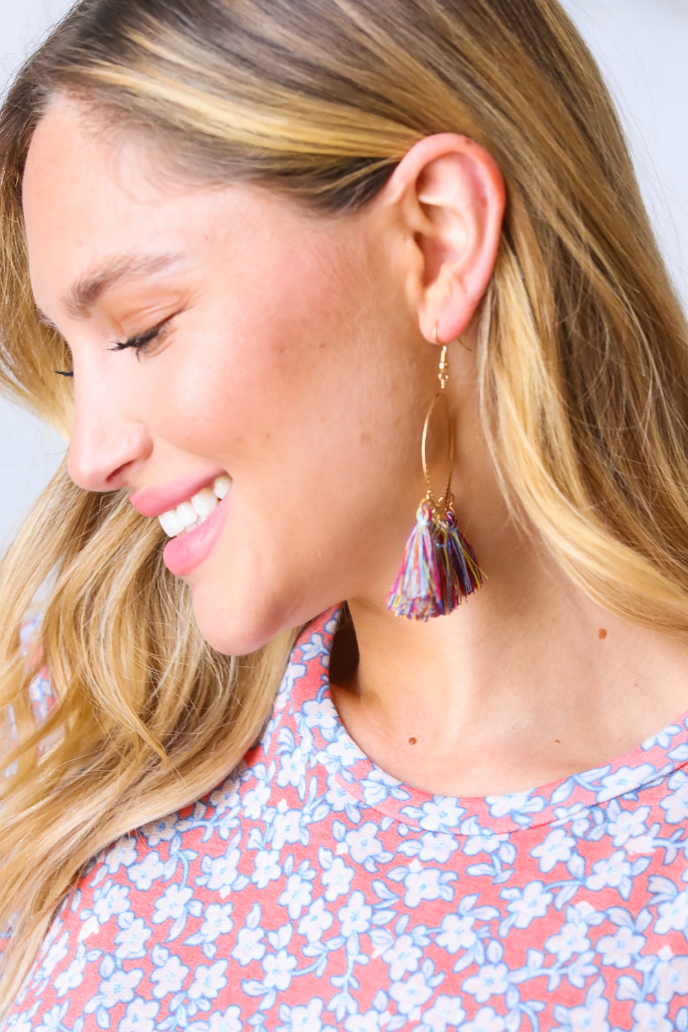 Mauve Multicolor Gold Fringe Tassel Earrings