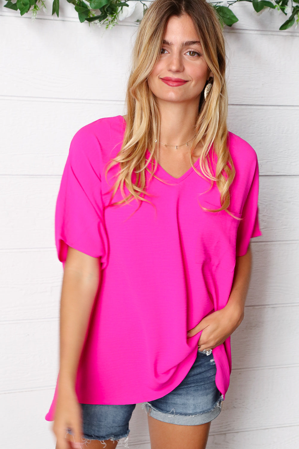 Fuchsia V Neck Dolman Short Sleeve Top