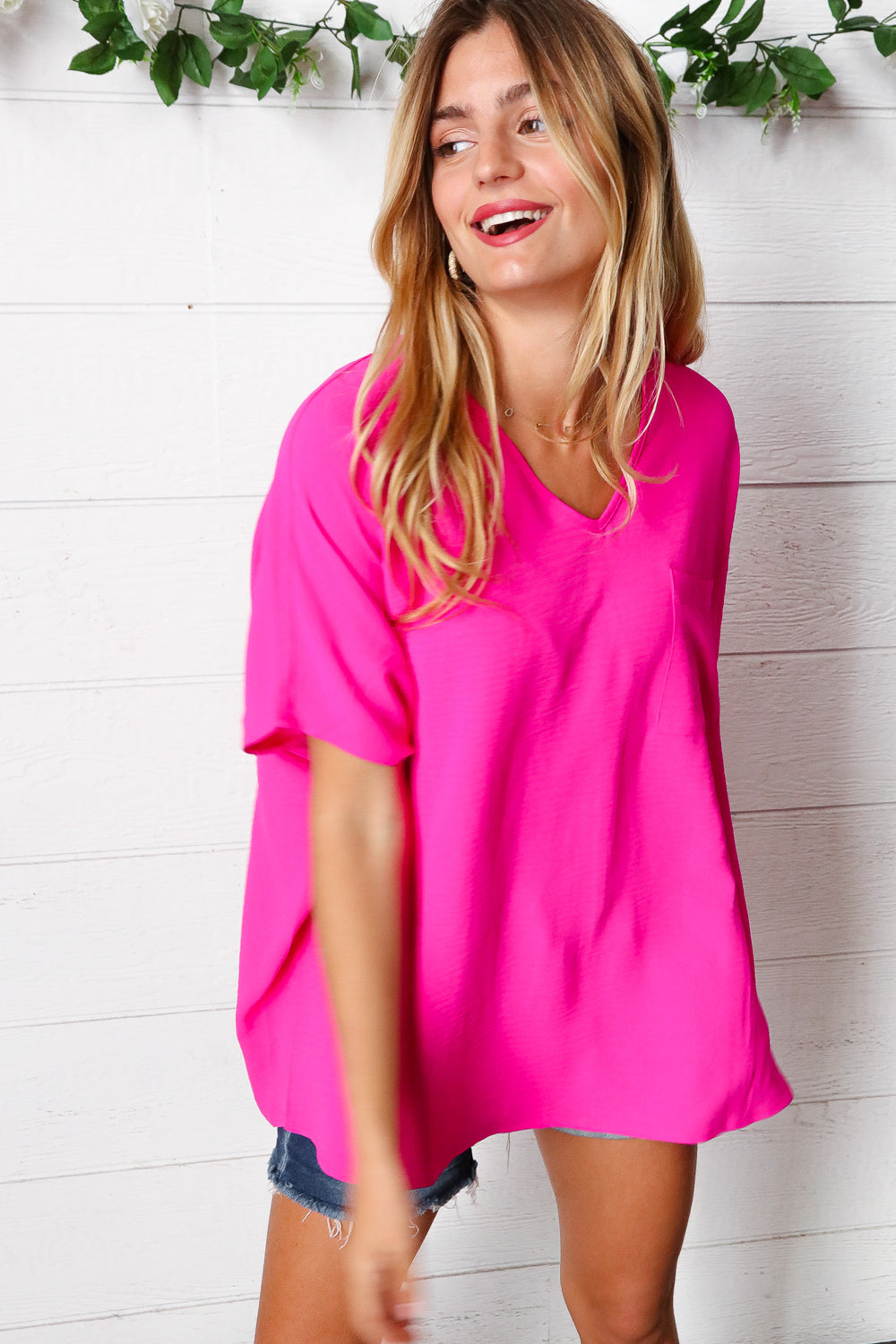 Fuchsia V Neck Dolman Short Sleeve Top