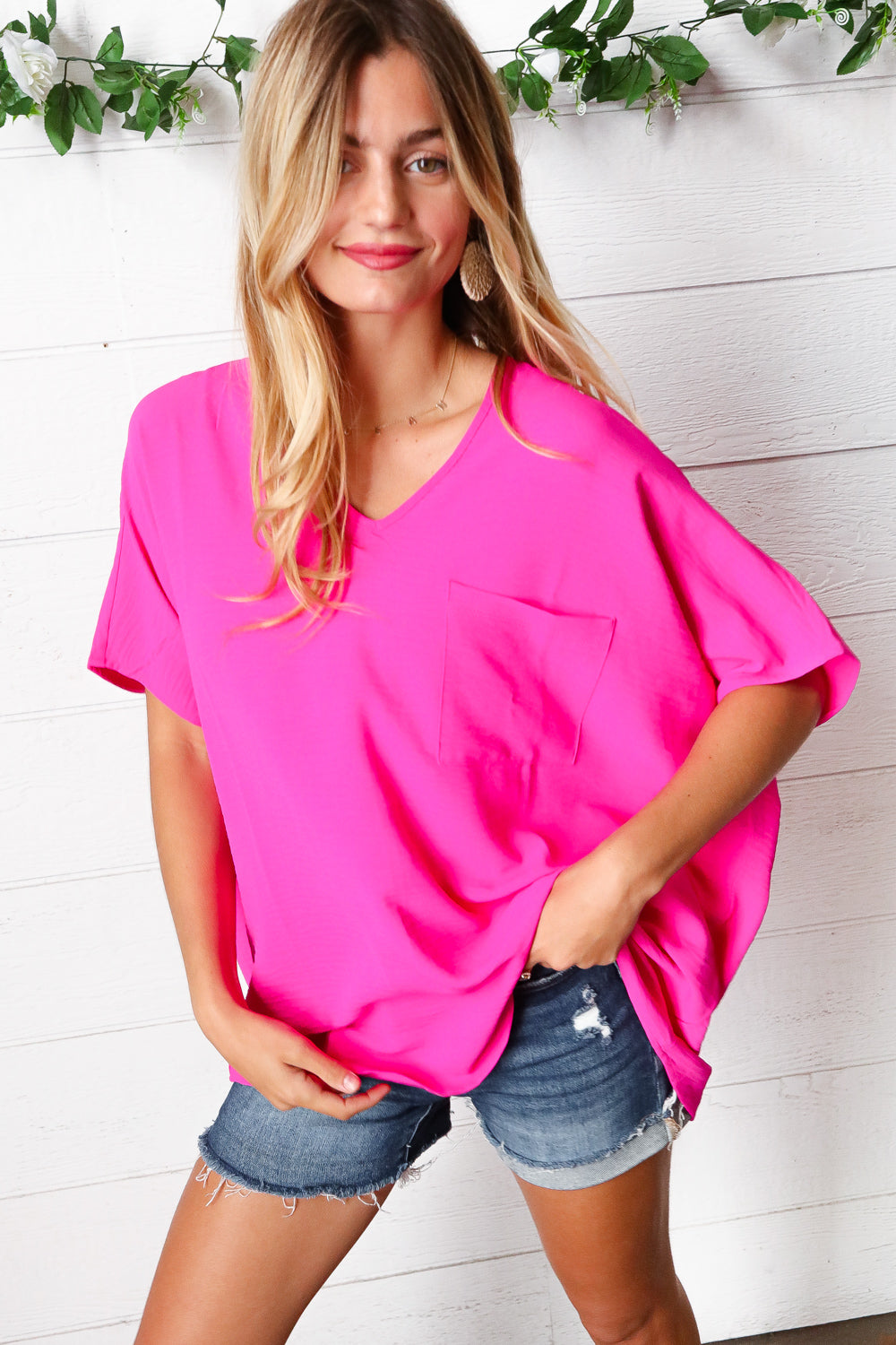 Fuchsia V Neck Dolman Short Sleeve Top