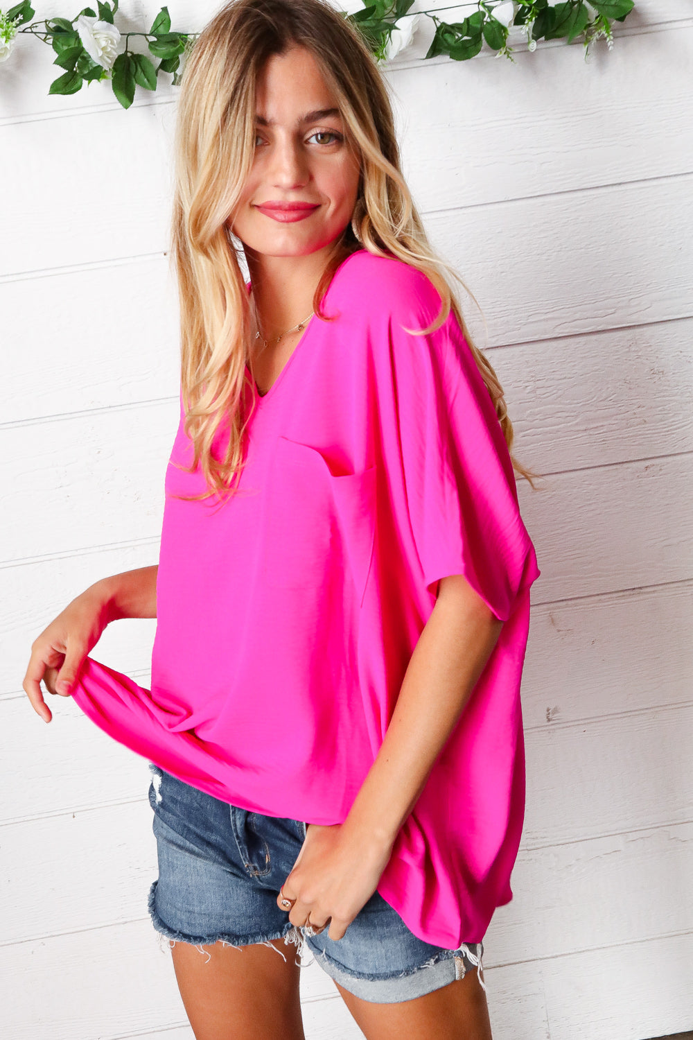 Fuchsia V Neck Dolman Short Sleeve Top