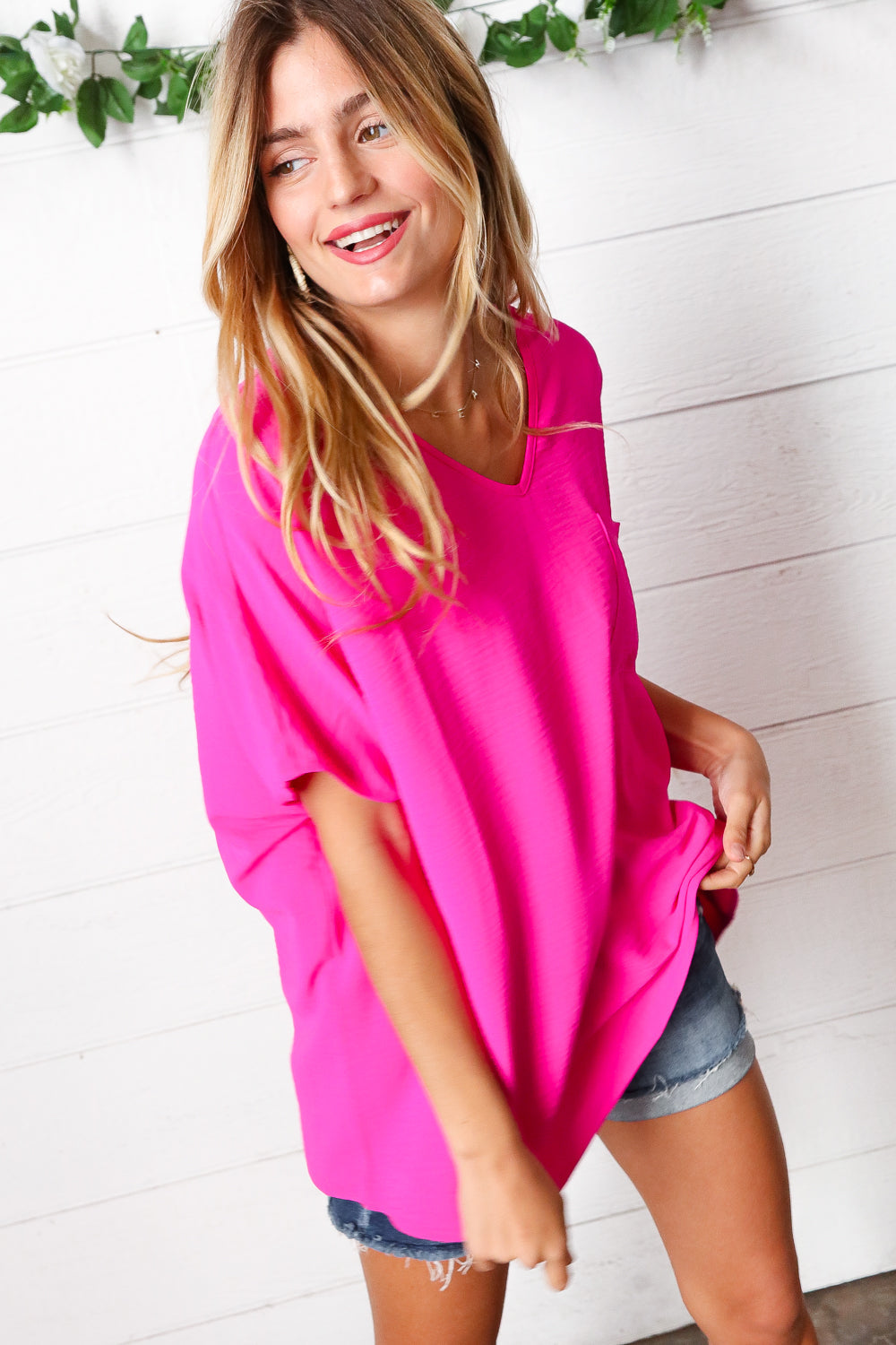 Fuchsia V Neck Dolman Short Sleeve Top