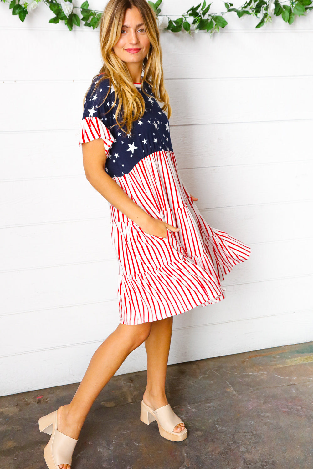 American Flag Yoke Tiered Color Block Swing Dress
