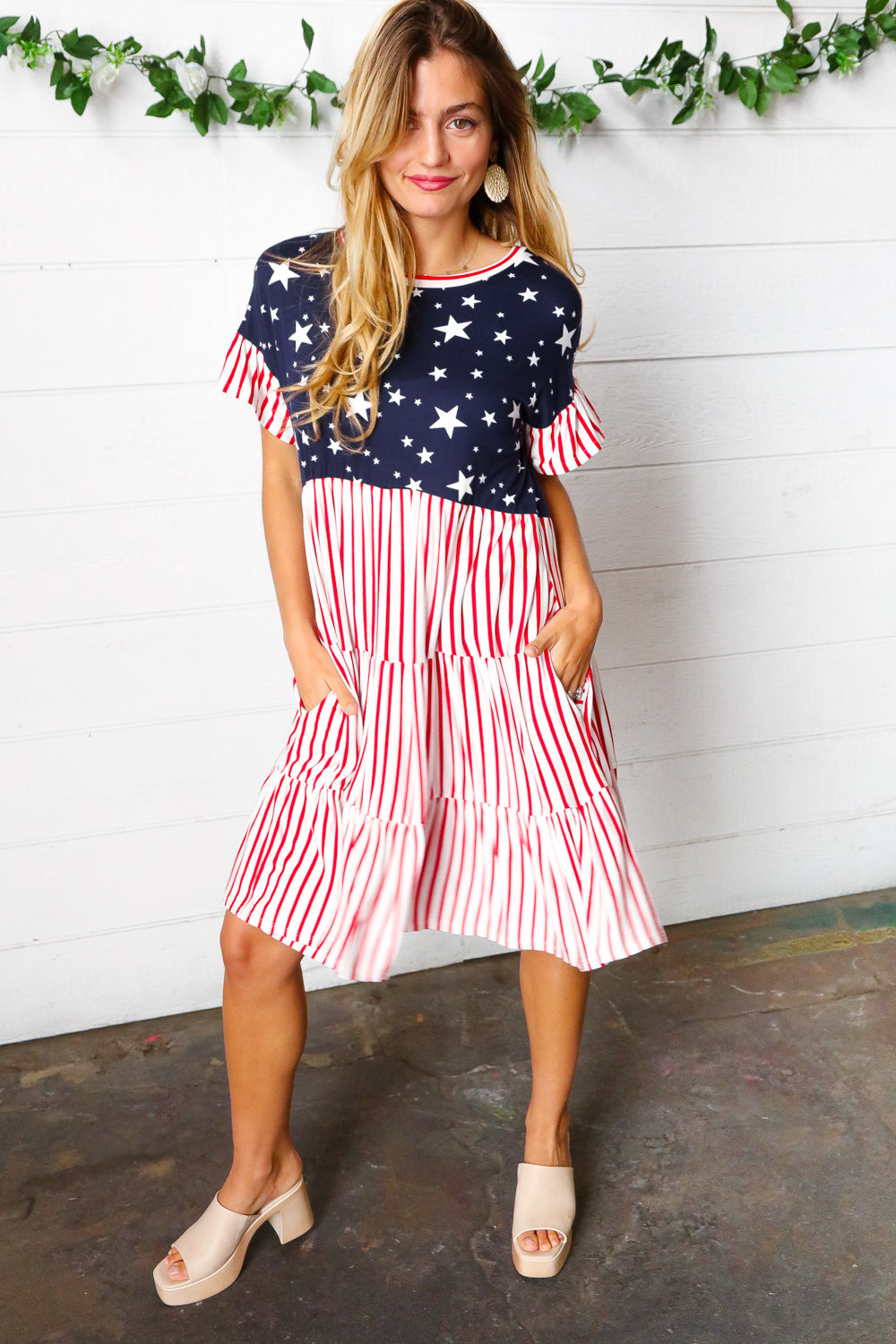 American Flag Yoke Tiered Color Block Swing Dress