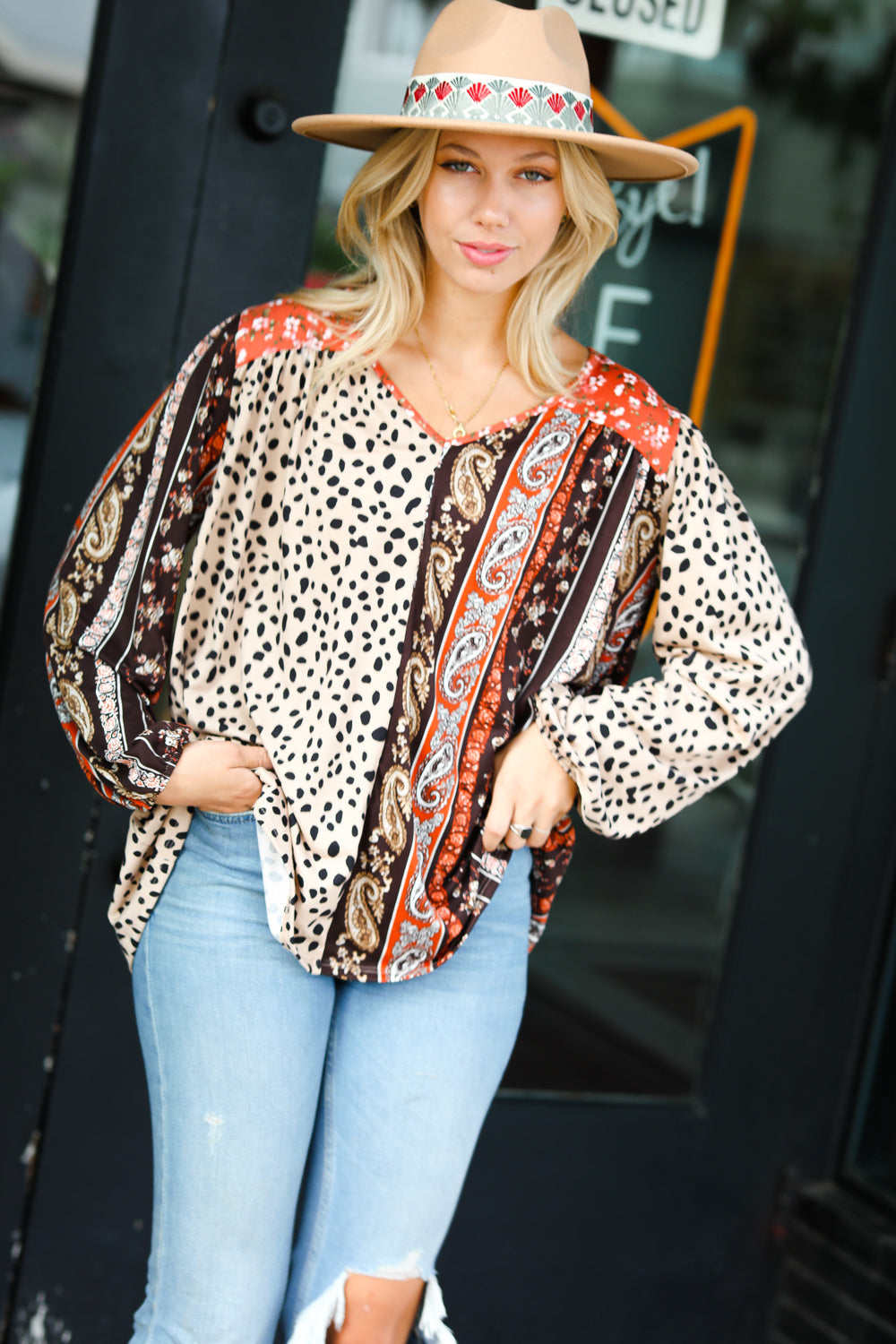 Taupe Paisley Animal Print V Neck Bubble Sleeve Top