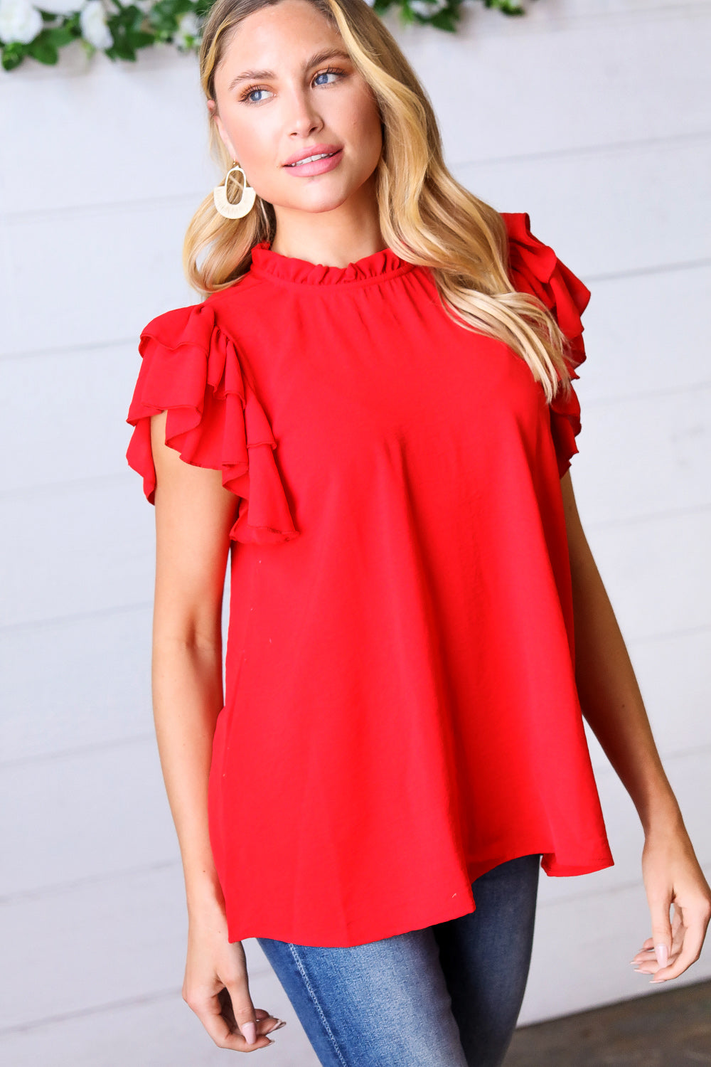 Red Mock Neck Double Flutter Sleeve Woven Top