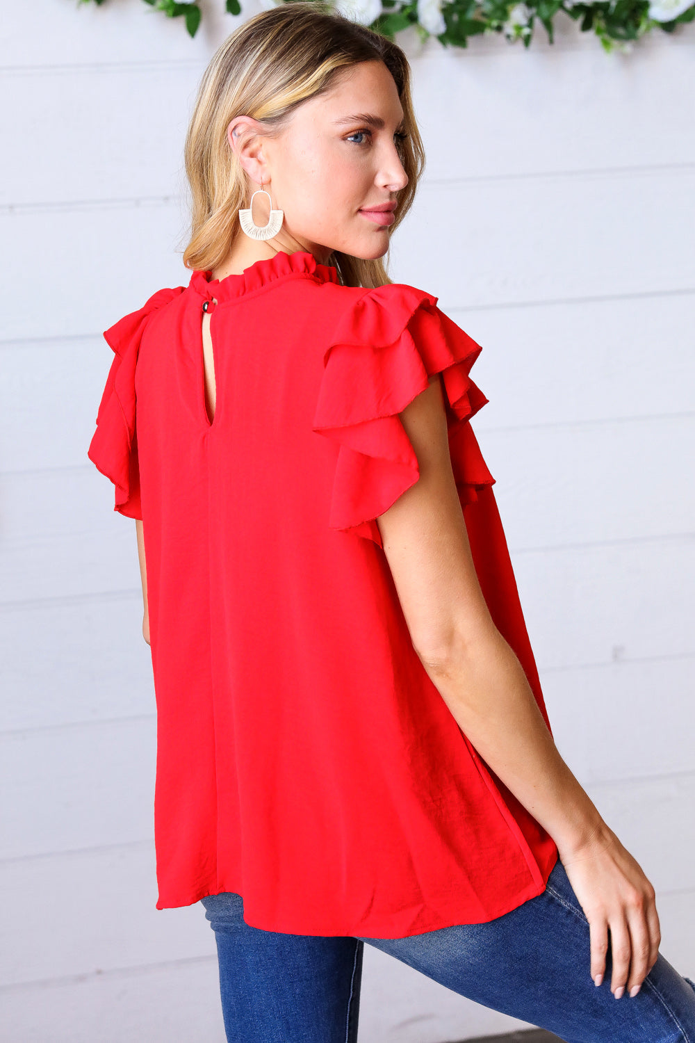 Red Mock Neck Double Flutter Sleeve Woven Top