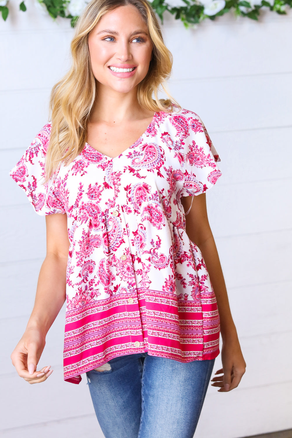 Fuchsia Paisley Babydoll Button Down Woven Top
