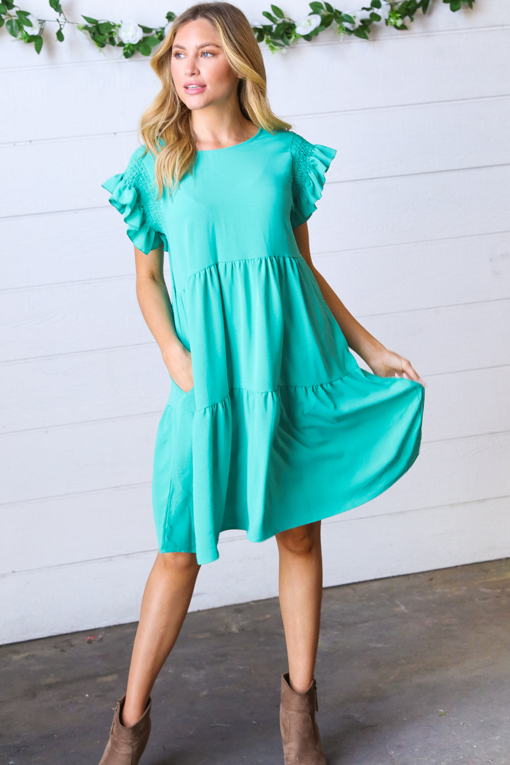 Turquoise Smocked Ruffle Sleeve Tiered Dress