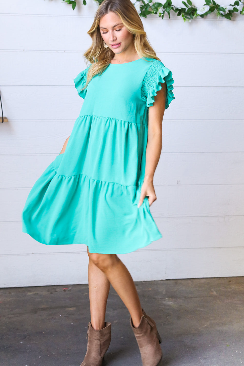 Turquoise Smocked Ruffle Sleeve Tiered Dress