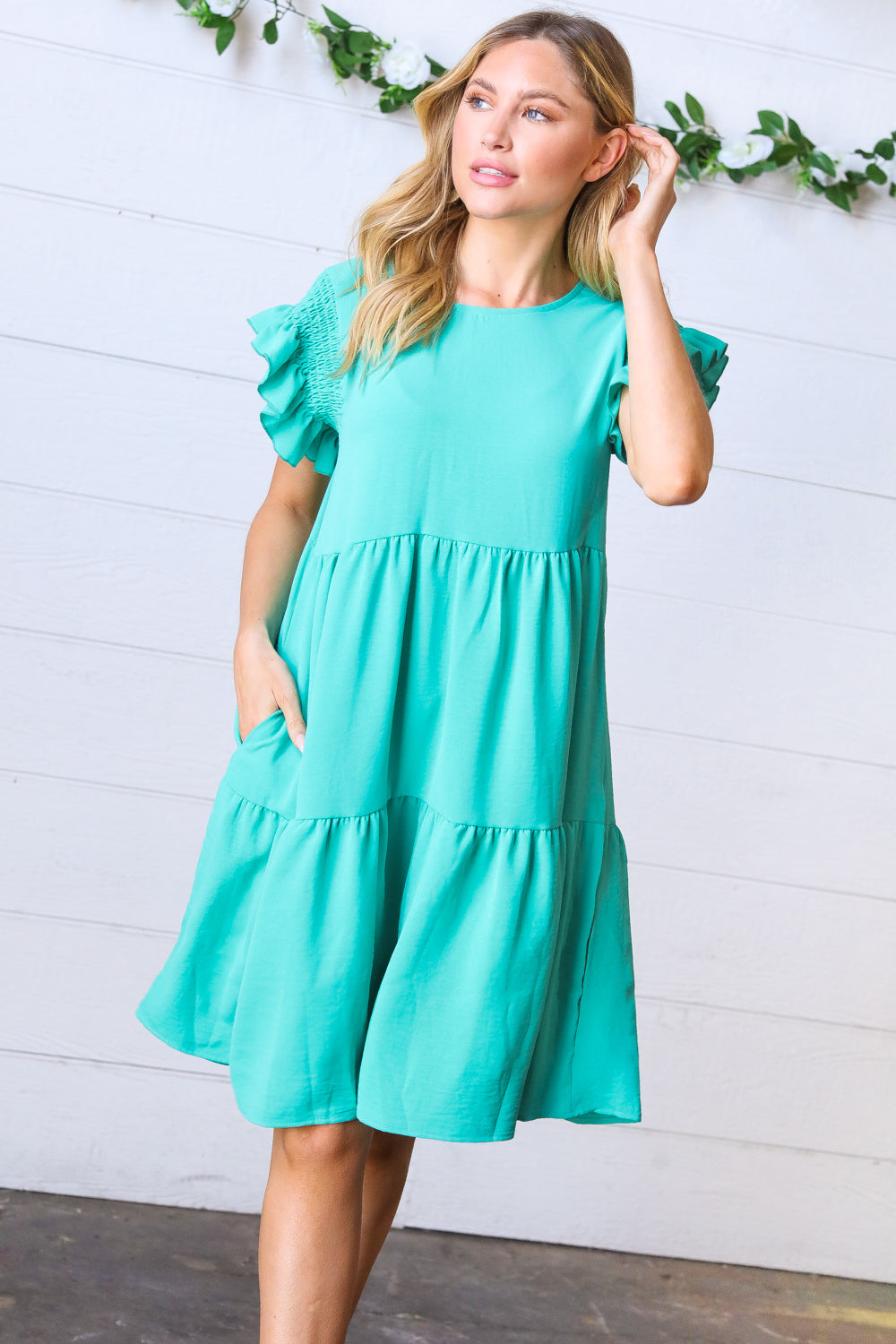 Turquoise Smocked Ruffle Sleeve Tiered Dress