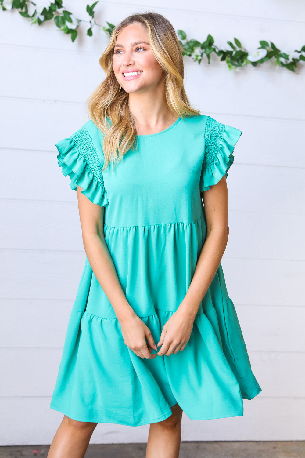 Turquoise Smocked Ruffle Sleeve Tiered Dress