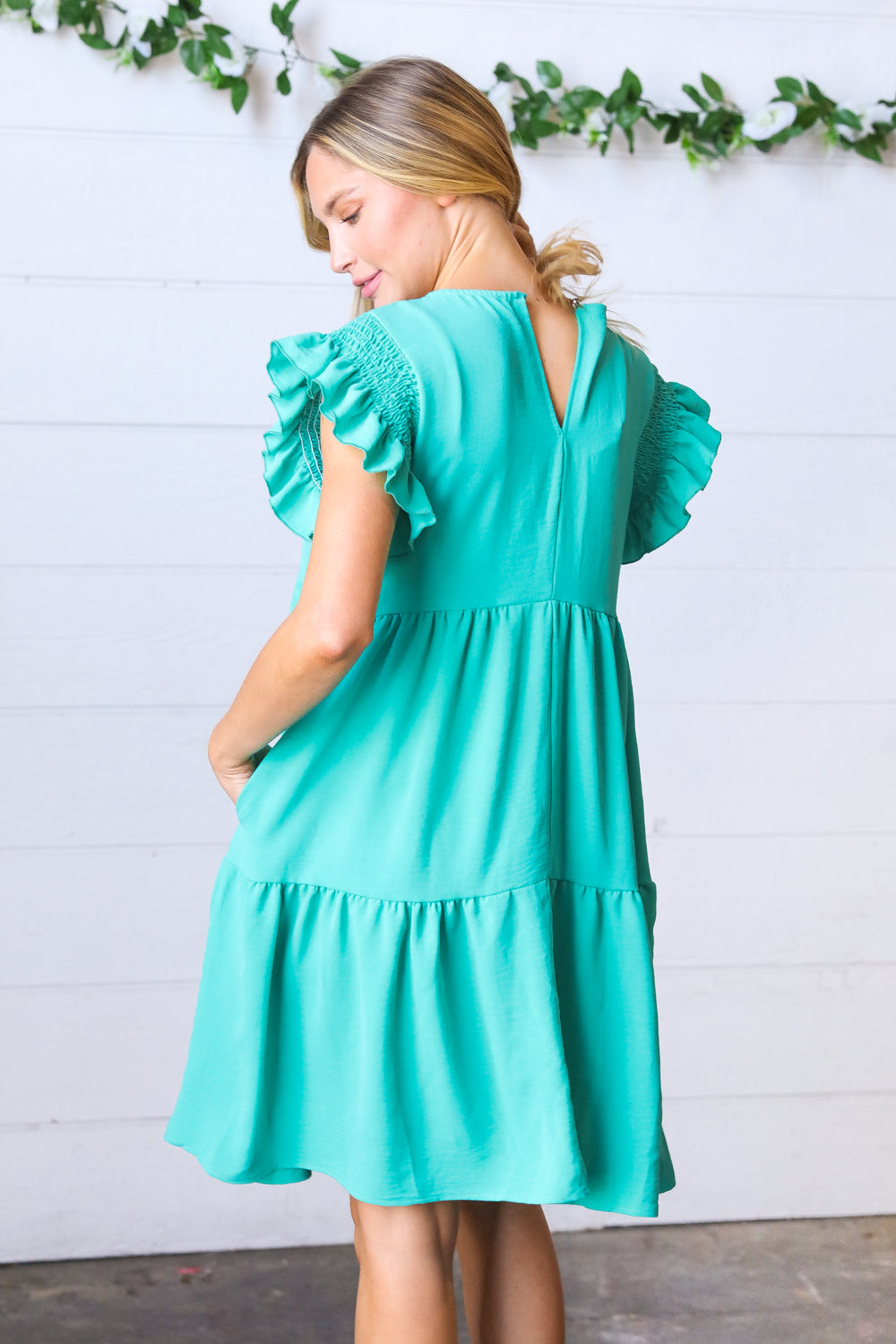 Turquoise Smocked Ruffle Sleeve Tiered Dress