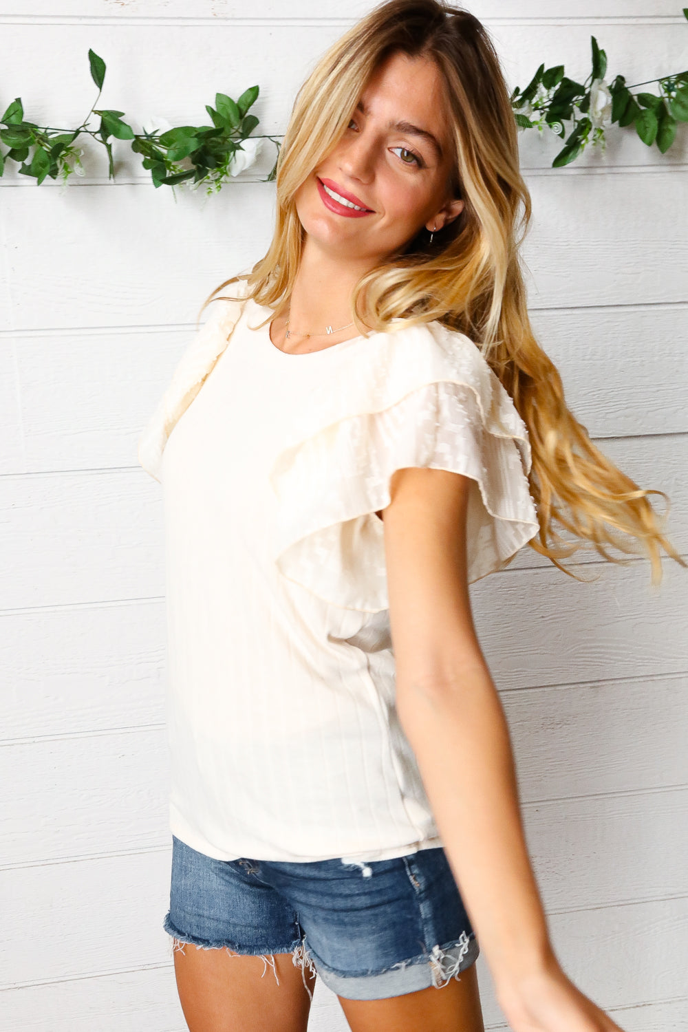 Cream Wide Rib Chiffon Flutter Sleeve Top