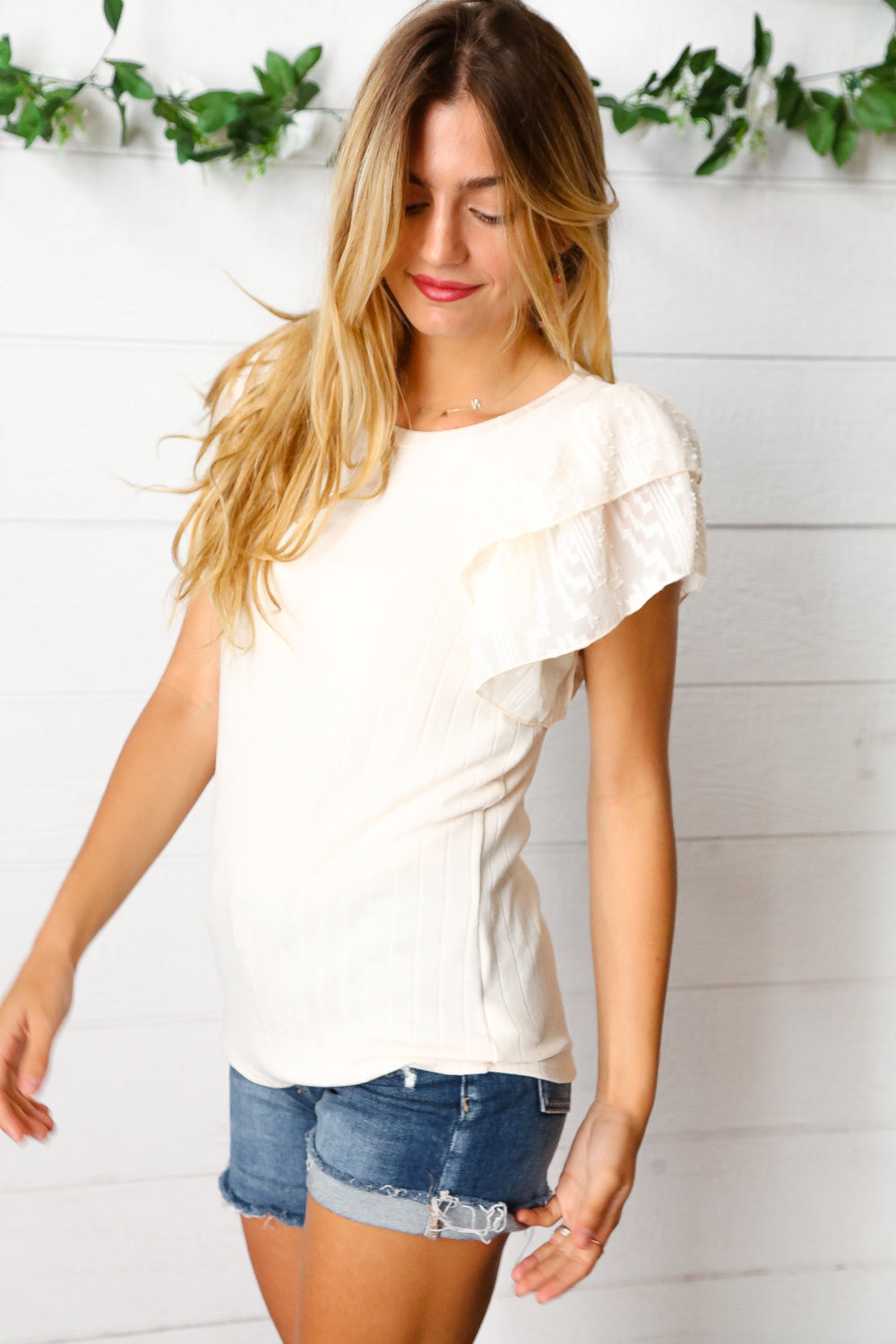 Cream Wide Rib Chiffon Flutter Sleeve Top