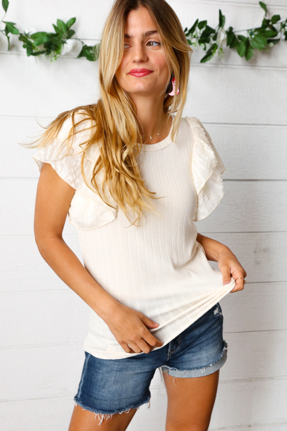 Cream Wide Rib Chiffon Flutter Sleeve Top