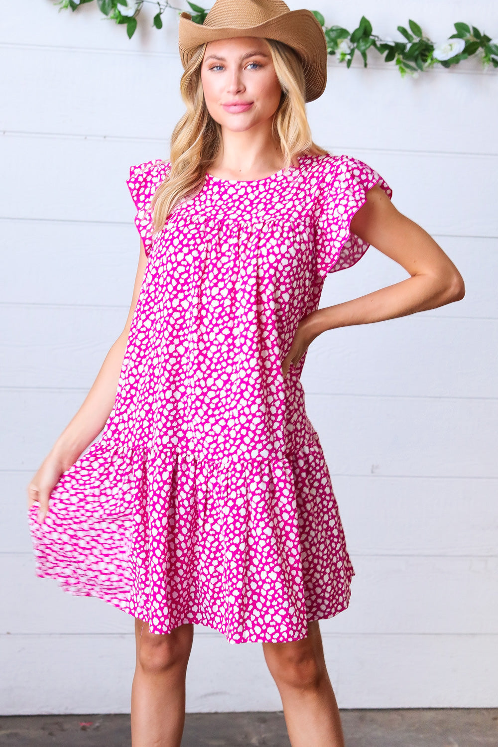 Magenta Animal Print Woven Poplin Ruffle Frill Sleeve Dress