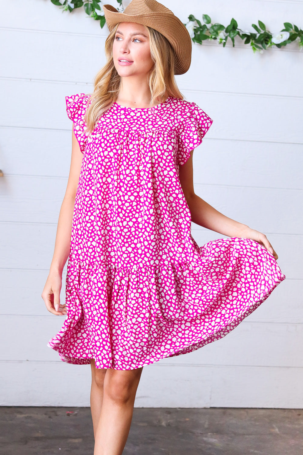 Magenta Animal Print Woven Poplin Ruffle Frill Sleeve Dress