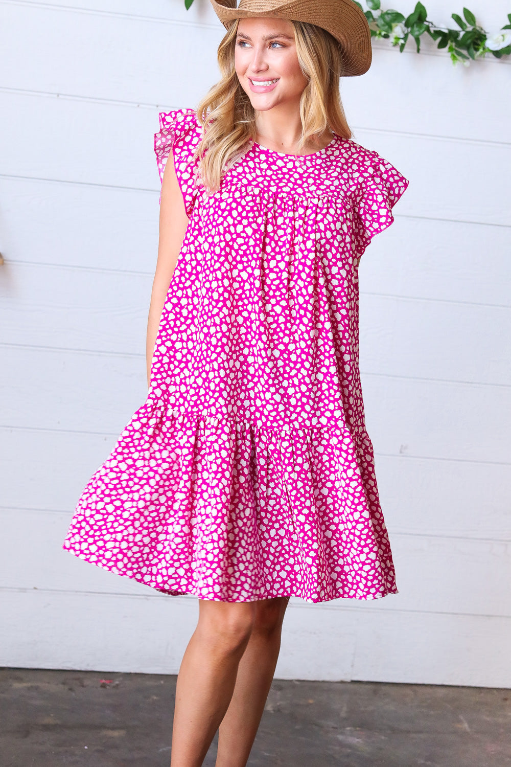 Magenta Animal Print Woven Poplin Ruffle Frill Sleeve Dress