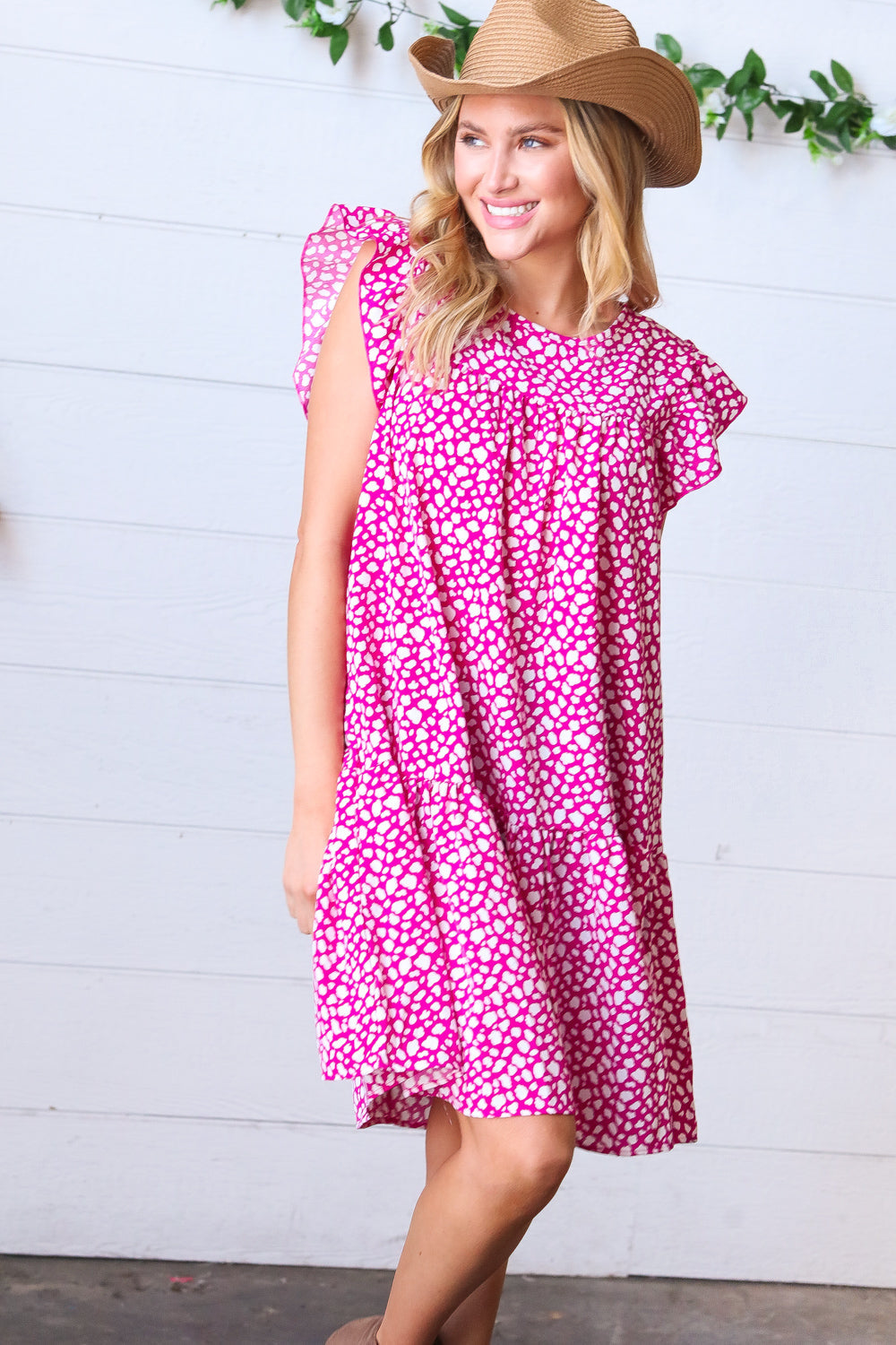 Magenta Animal Print Woven Poplin Ruffle Frill Sleeve Dress