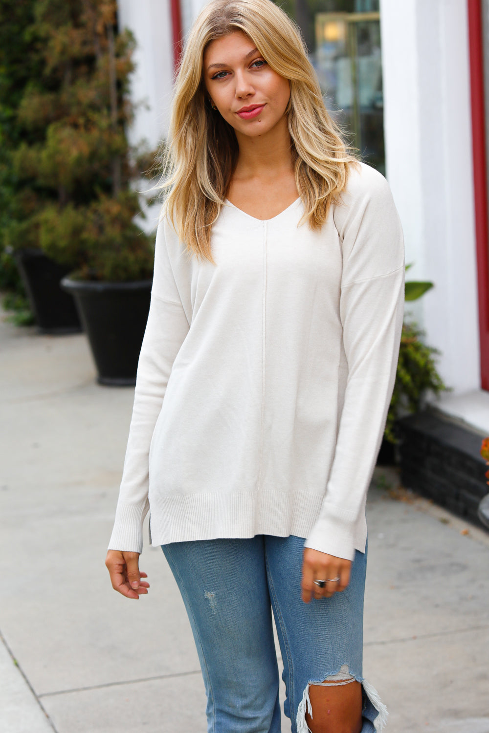 Hello Beautiful Sand Front Seam V Neck Sweater