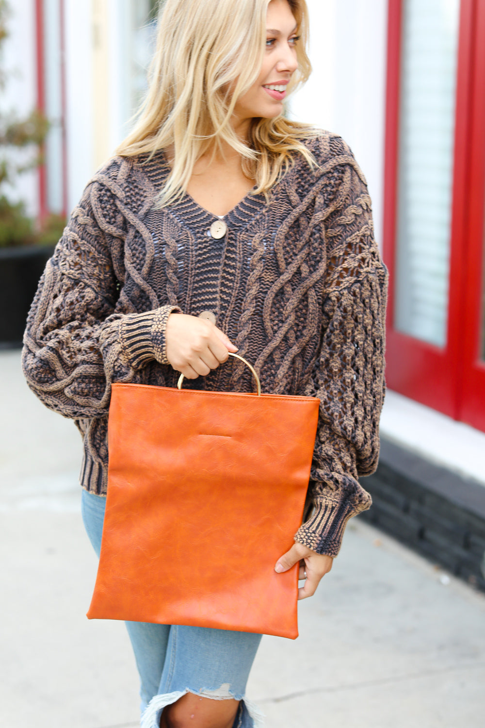 Camel Fold Over Gold O-Ring Faux Leather Clutch Bag
