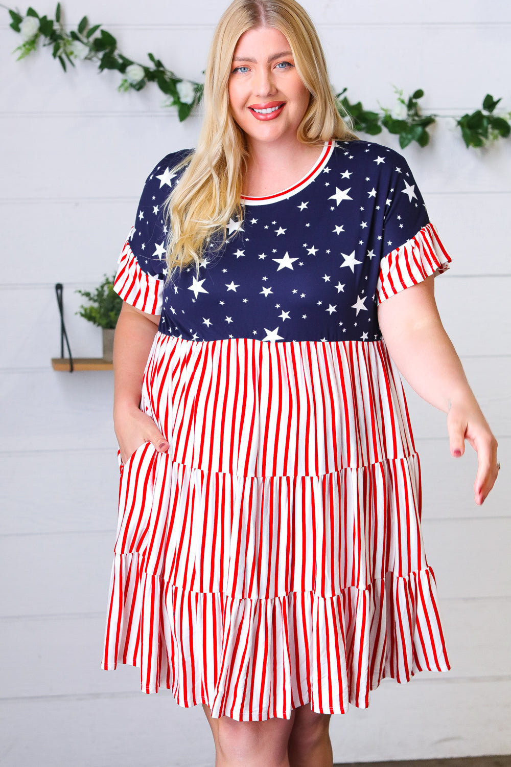 American Flag Yoke Tiered Color Block Swing Dress