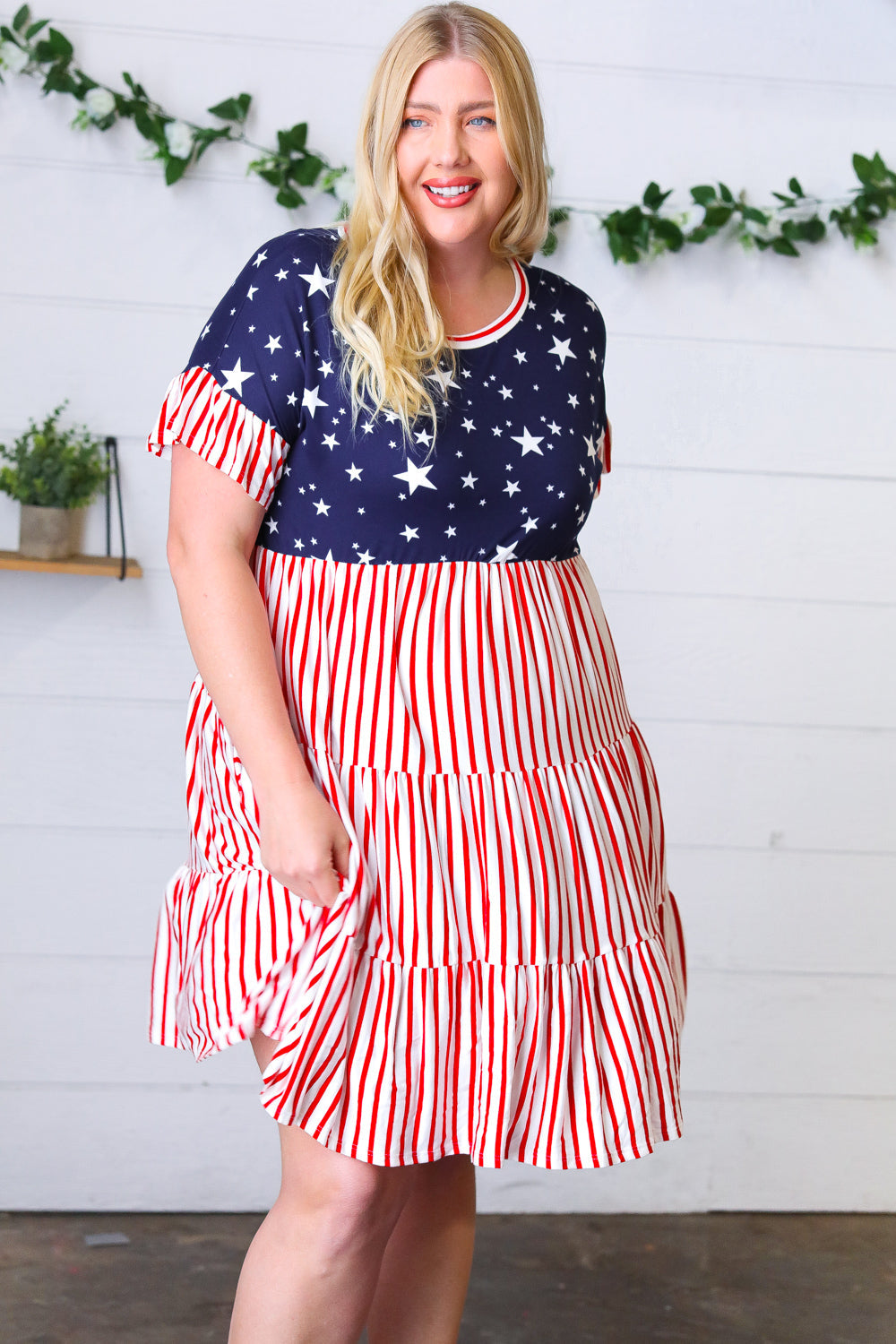 American Flag Yoke Tiered Color Block Swing Dress