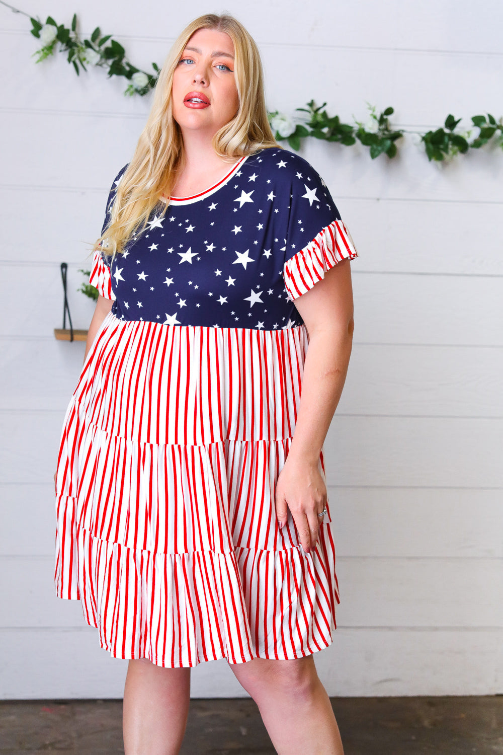 American Flag Yoke Tiered Color Block Swing Dress