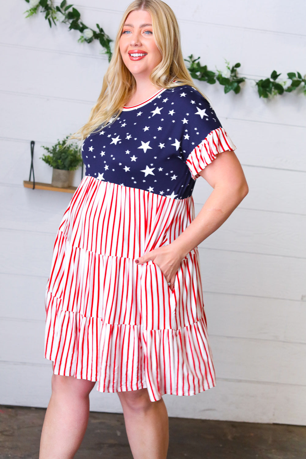American Flag Yoke Tiered Color Block Swing Dress