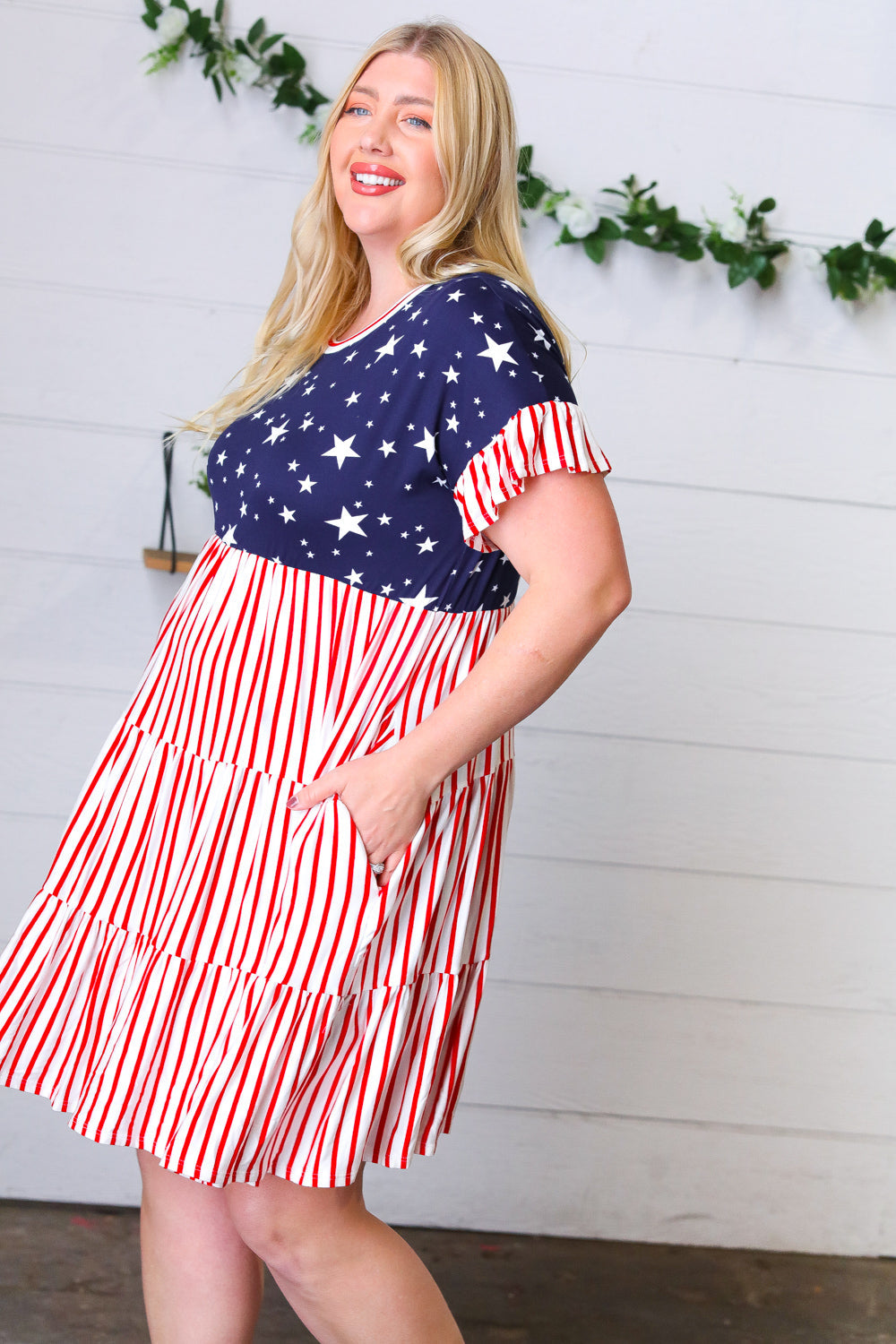 American Flag Yoke Tiered Color Block Swing Dress