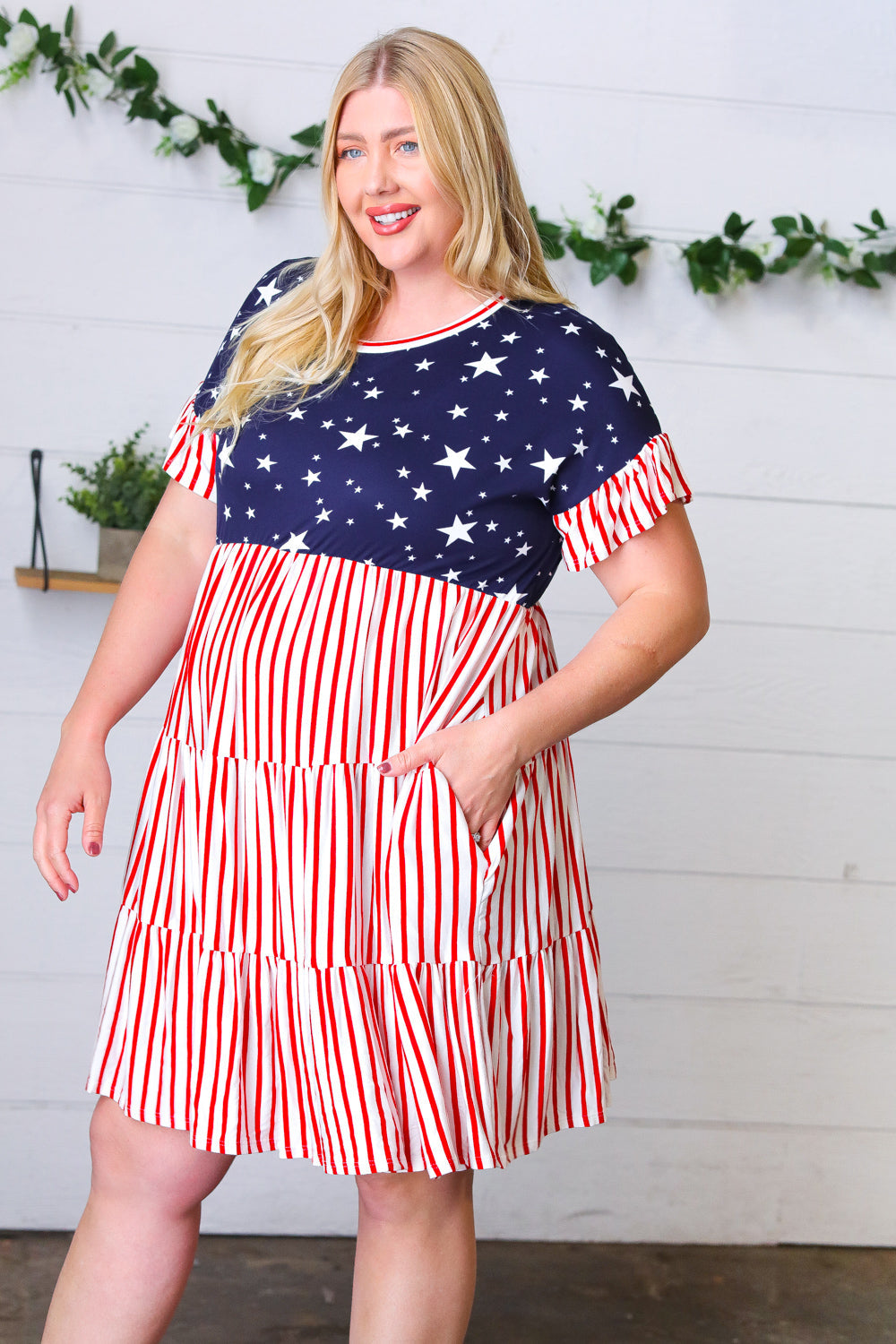 American Flag Yoke Tiered Color Block Swing Dress