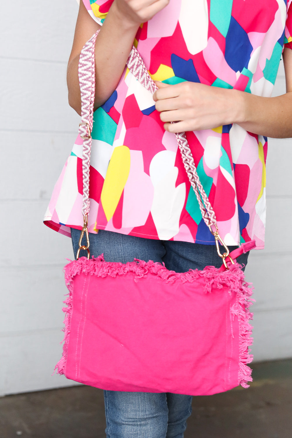 Fuchsia Canvas Frayed Designer Strap Crossbody