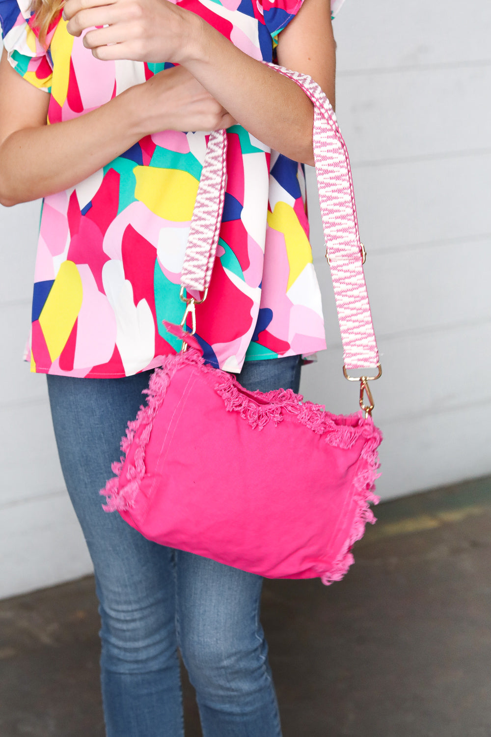 Fuchsia Canvas Frayed Designer Strap Crossbody