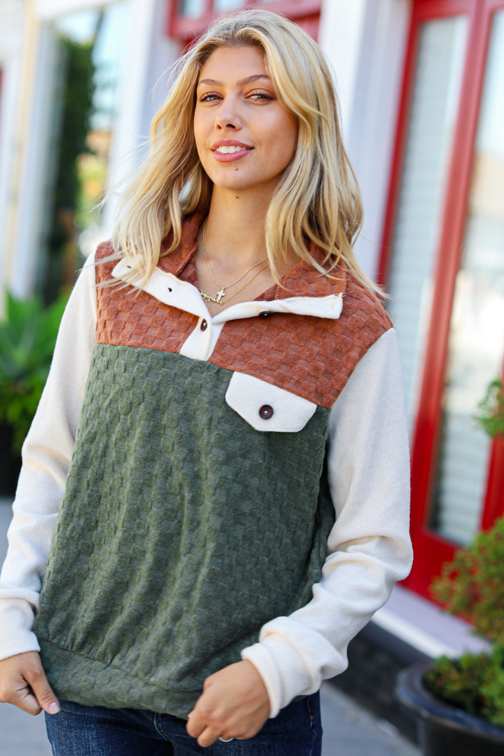 Face The Day Olive & Brown Embossed Checkered Button Down Sweater Top